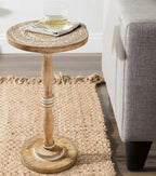 The Wooden Town Round Side Table, Hand-Carved Drink Table, White Wash Finish, 12 x 22 Inch