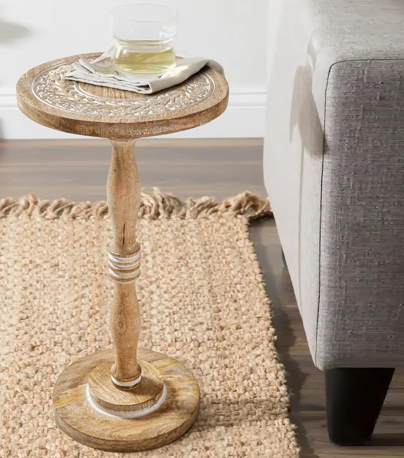 The Wooden Town Round Side Table, Hand-Carved Drink Table, White Wash Finish, 12 x 22 Inch
