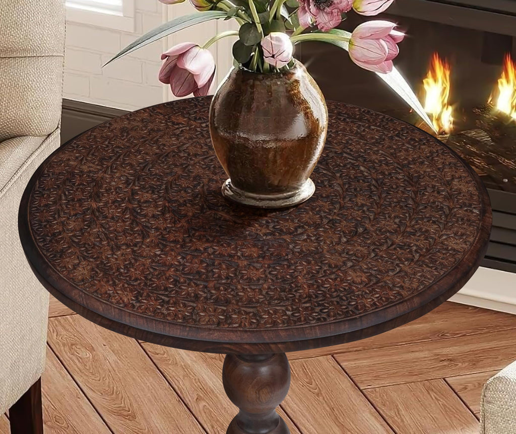 The Wooden Town Modern Hand-Carved Round End Table, Solid Wood Accent Side Table for Living Room & Bedroom, Scorch Burnt Finish