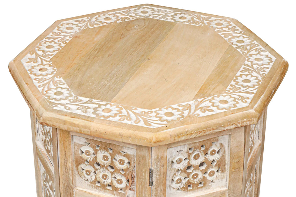 The Wooden Town Hand-Carved Vintage Boho Folding End Table, Octagon White Wash Side Table, 18 x 18 Inch