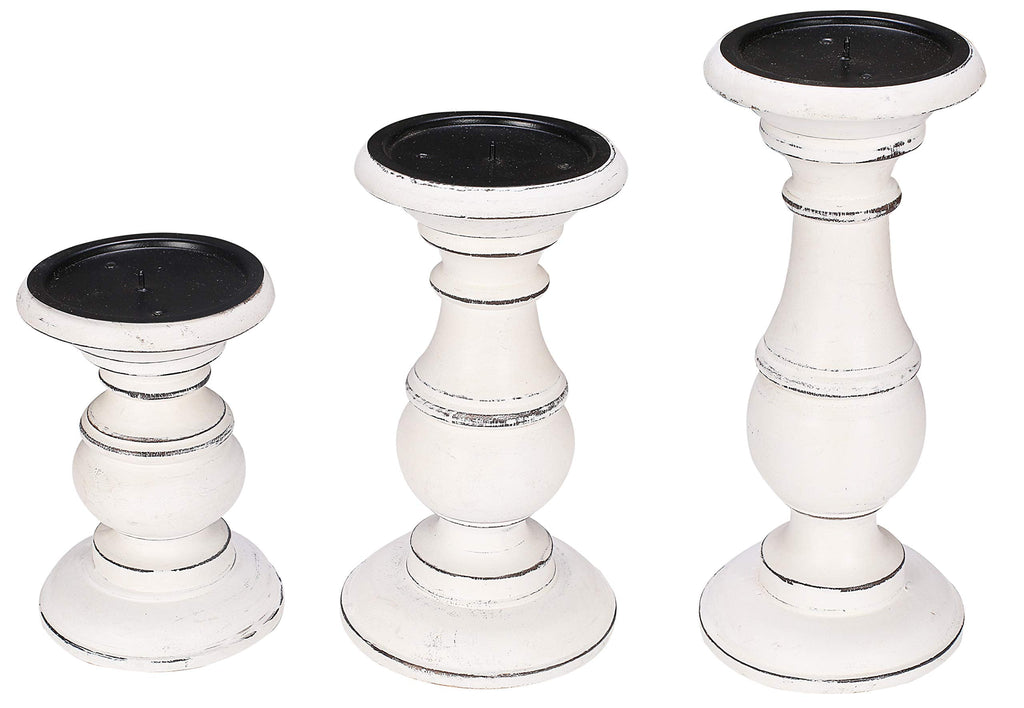 Antique White Wooden Pillar Candle Holder Set of 3