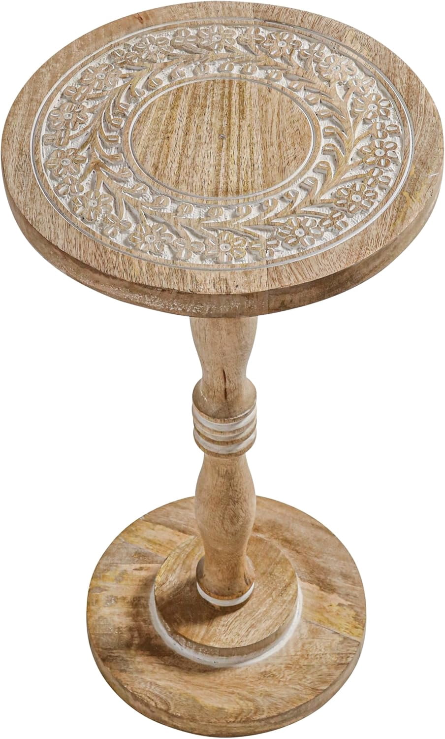 The Wooden Town Round Side Table, Hand-Carved Drink Table, White Wash Finish, 12 x 22 Inch