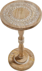 The Wooden Town Round Side Table, Hand-Carved Drink Table, White Wash Finish, 12 x 22 Inch