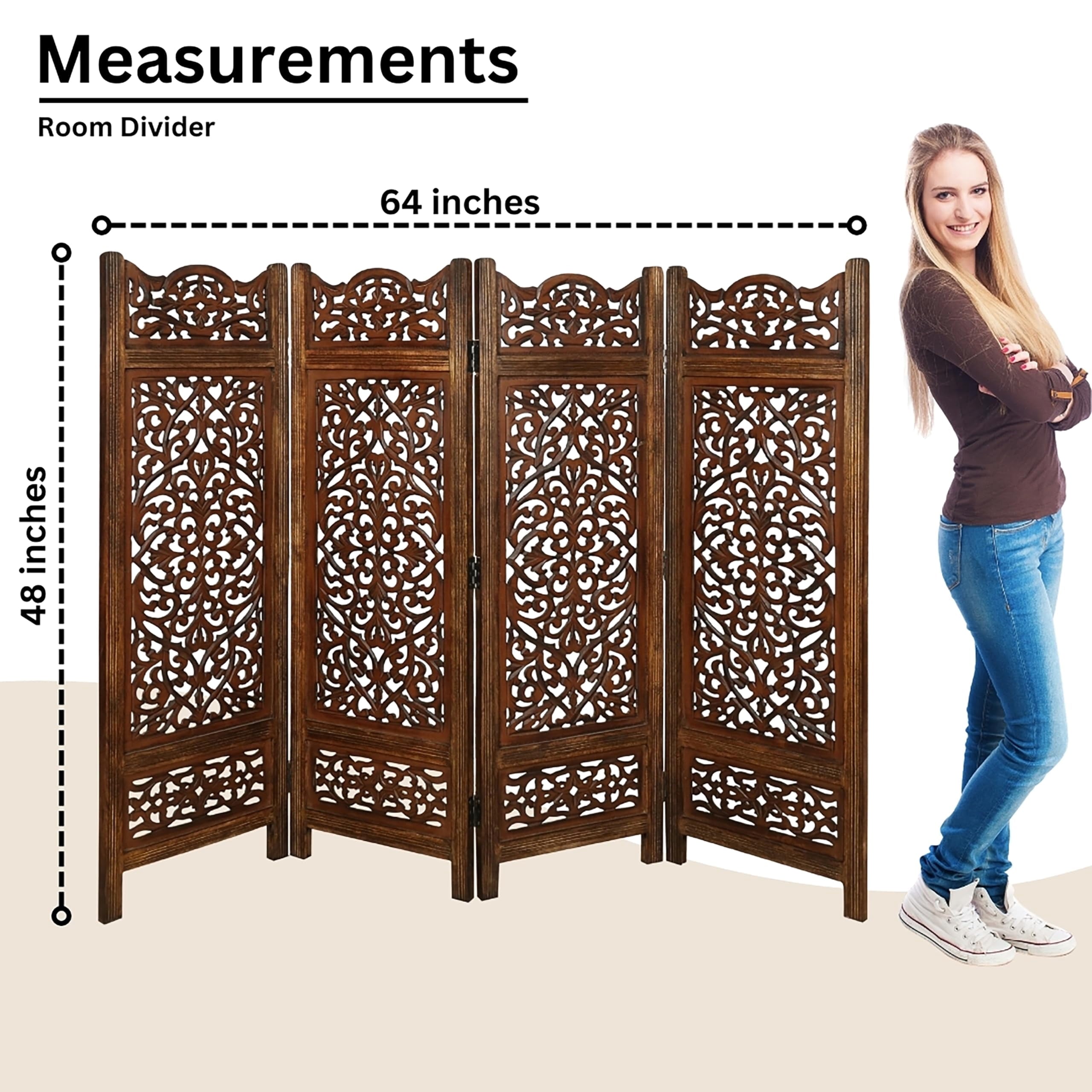 Hand-Carved Wooden 4-Panel Folding Room Divider 64” x 48” – Antique Burnt