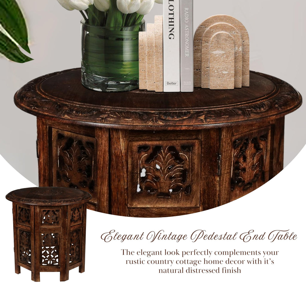 The Wooden Town Round Wood Coffee Table, Hand-Carved Accent Side Table with Burnt Finish, Solid Wood Altar & End Table for Living Room, 18 x 18 Inch