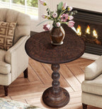 The Wooden Town Modern Hand-Carved Round End Table, Solid Wood Accent Side Table for Living Room & Bedroom, Scorch Burnt Finish