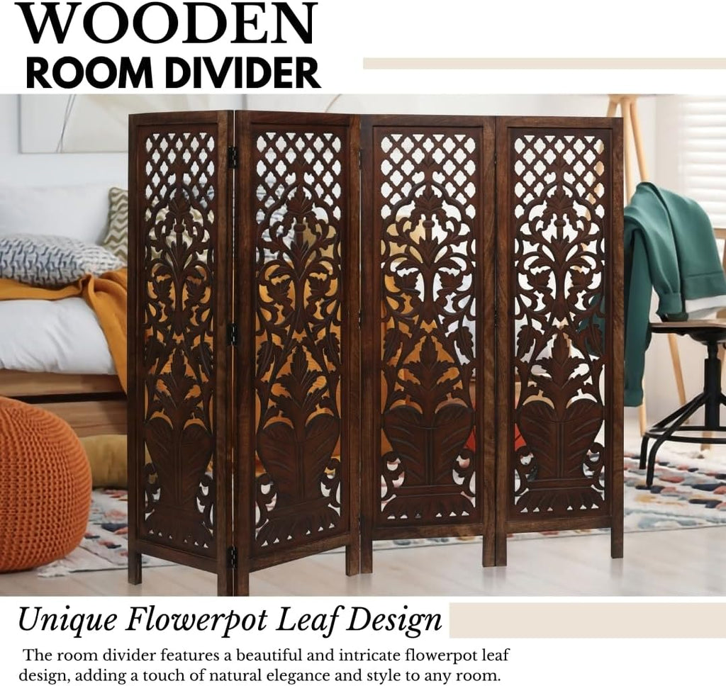 Hand-Carved Wooden Room Divider – 4-Panel Folding Screen (64”×54”)