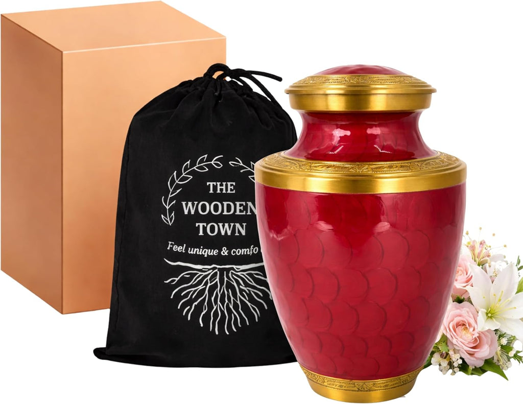 Trinity Crimson Red Gold Metal Cremation Urn for Adult Ashes – 10” x 6.5”