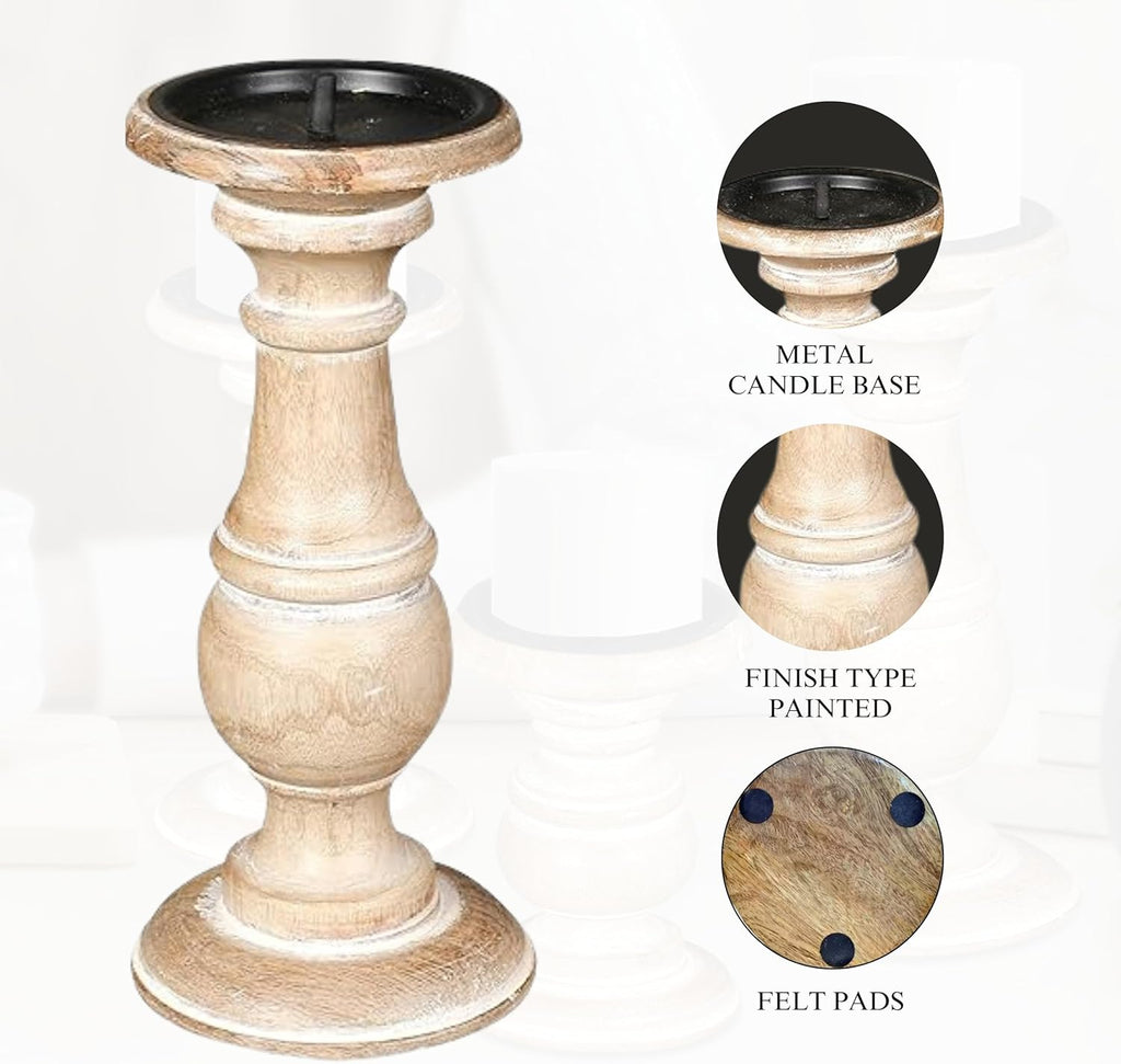 Wooden Town Turned Pillar Candle Holders – Set of 3 (White Wash)