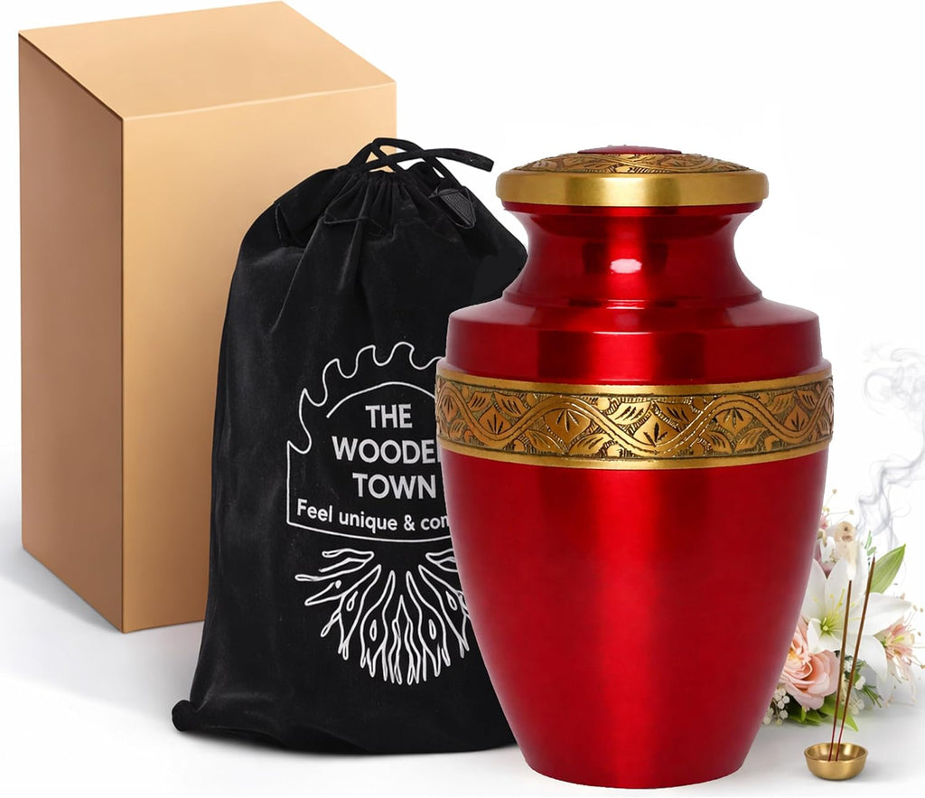 Grecian Red Gold Metal Cremation Urn for Adult Human Ashes – 9” x 7”