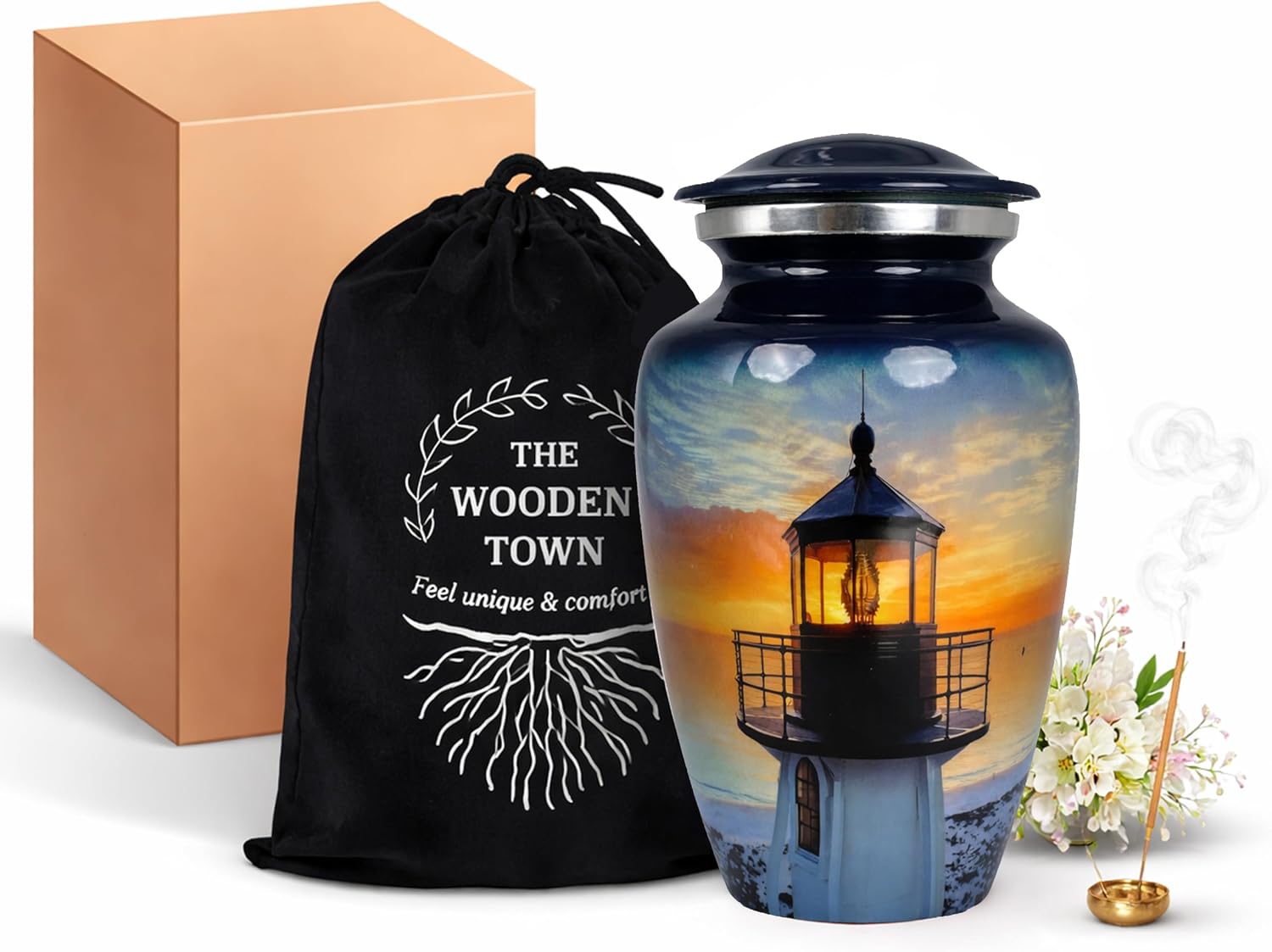 Lighthouse Midnight Ink Blue Metal Cremation Urn for Adult Ashes – 10” x 6”