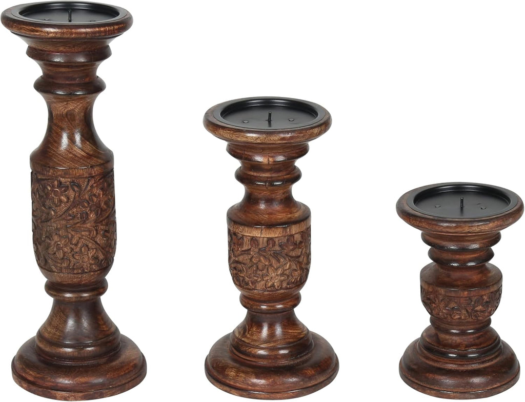Wooden Town Hand-Carved Pillar Candle Holders – Set of 3 (Dark Burnt)