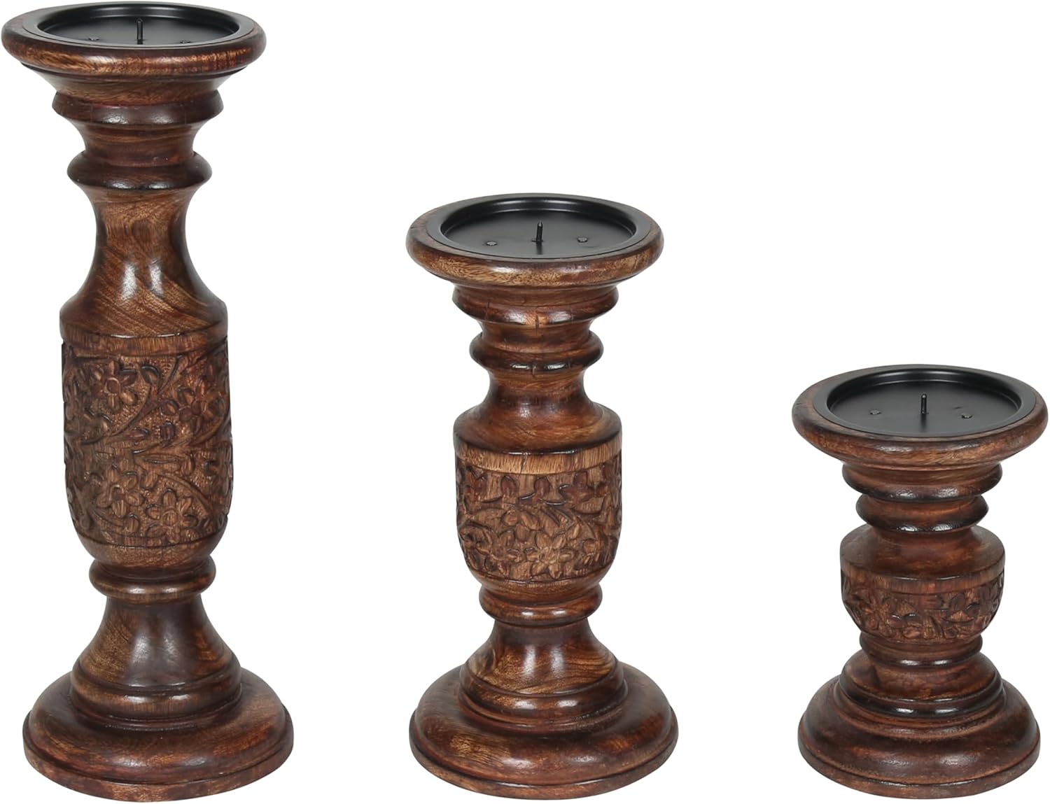 Wooden Town Hand-Carved Pillar Candle Holders – Set of 3 (Dark Burnt)