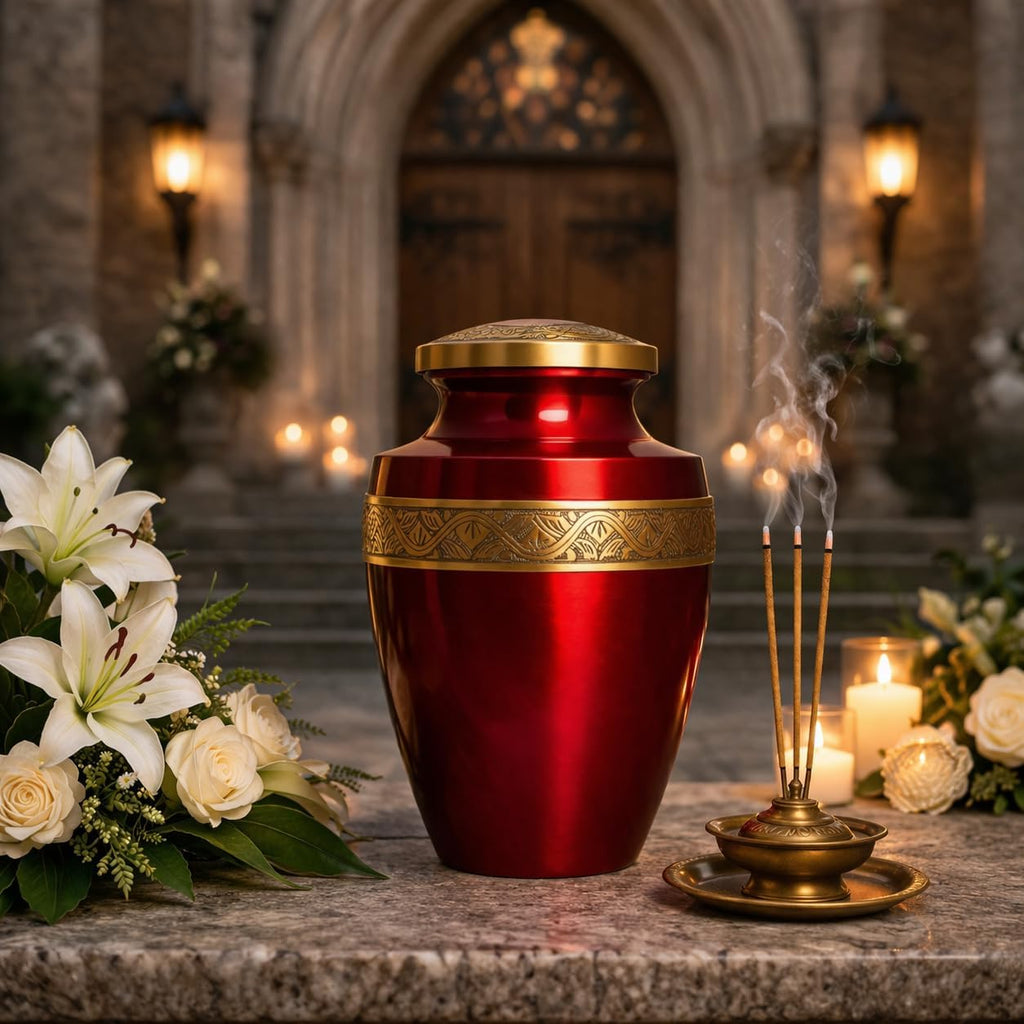 Grecian Red Gold Metal Cremation Urn for Adult Human Ashes – 9” x 7”