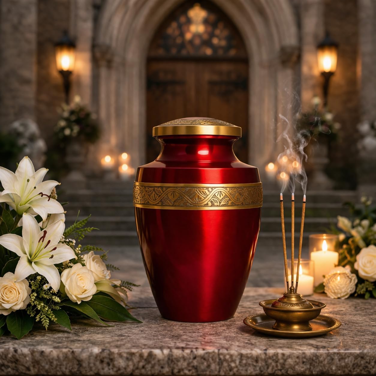 Grecian Red Gold Metal Cremation Urn for Adult Human Ashes – 9” x 7”