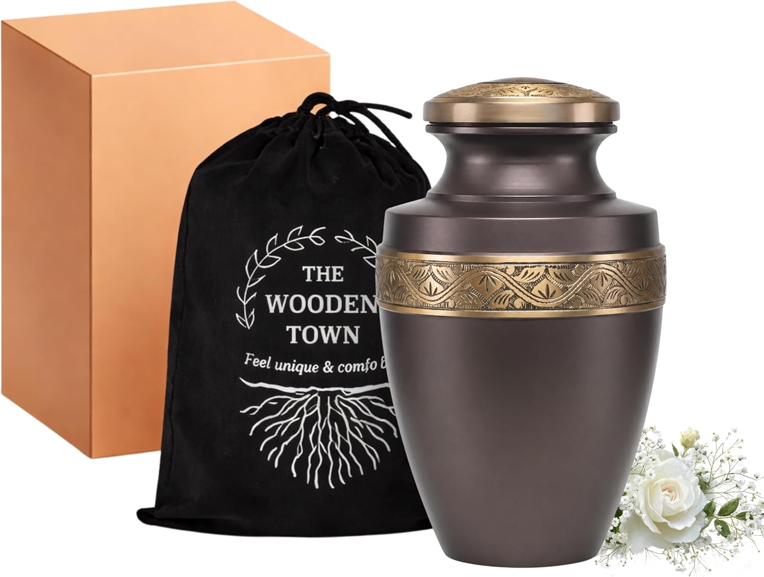 Grecian Coffee Gold Metal Cremation Urn for Adult Ashes – 9” x 7”