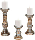 Wooden Town Leaf Design Pillar Candle Holders – Set of 3 (Grey Wash)