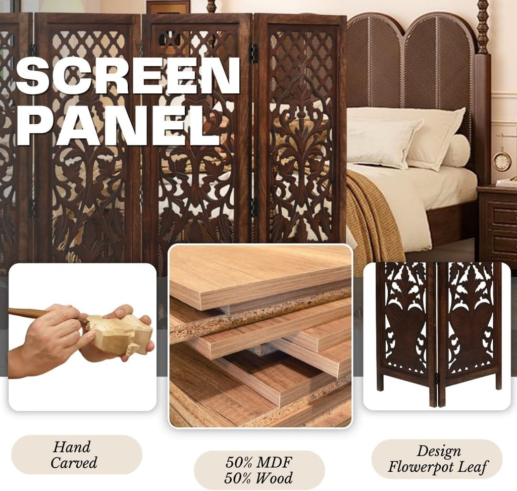 Hand-Carved Wooden Room Divider – 4-Panel Folding Screen (64”×54”)