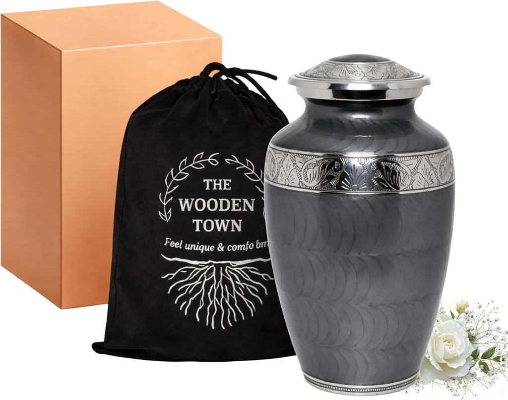 Platinum Gray Silver Metal Cremation Urn for Adult Remains – Elegant Texture, 10” x 6”
