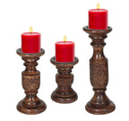 Wooden Town Hand-Carved Pillar Candle Holders – Set of 3 (Dark Burnt)