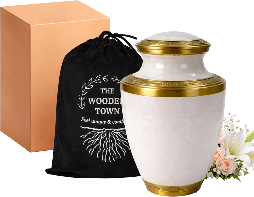 Trinity Pearl White Gold Metal Cremation Urn for Adult Human Ashes – 10” x 6.5”