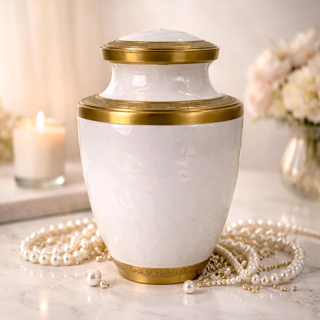 Trinity Pearl White Gold Metal Cremation Urn for Adult Human Ashes – 10” x 6.5”