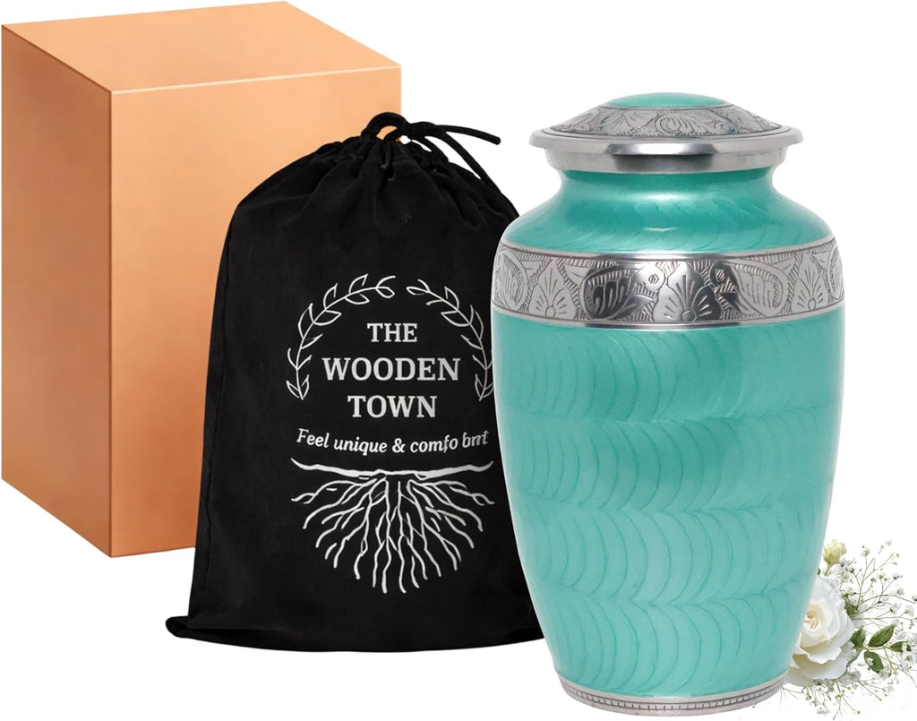 Soft Green Silver Metal Cremation Urn for Adult Ashes – Elegant Texture Design, 10” x 6”
