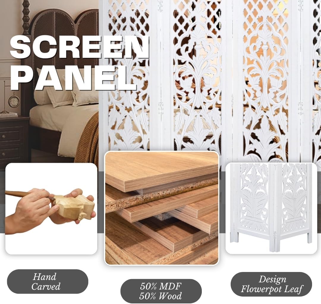 Hand-Carved Wooden Room Divider – 4-Panel Folding Screen (64”×54”)