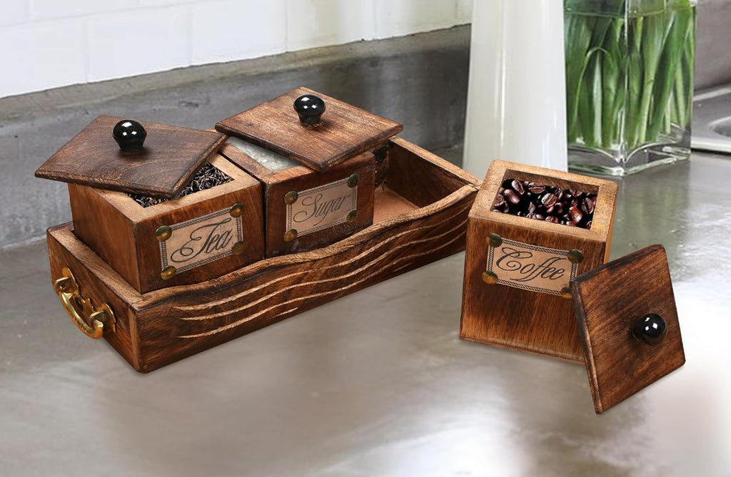 Wooden Tea Coffee Sugar Storage Canister Set with Holder (10.5×4×4 in)