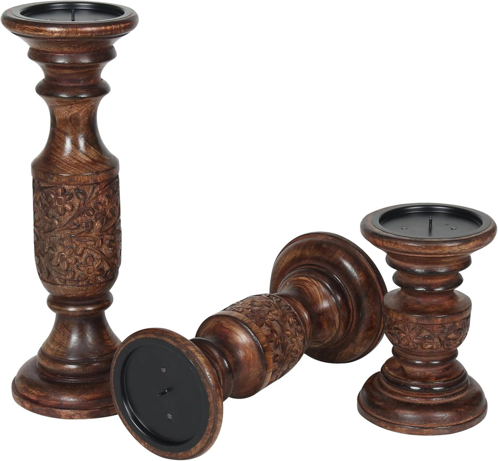 Wooden Town Hand-Carved Pillar Candle Holders – Set of 3 (Dark Burnt)