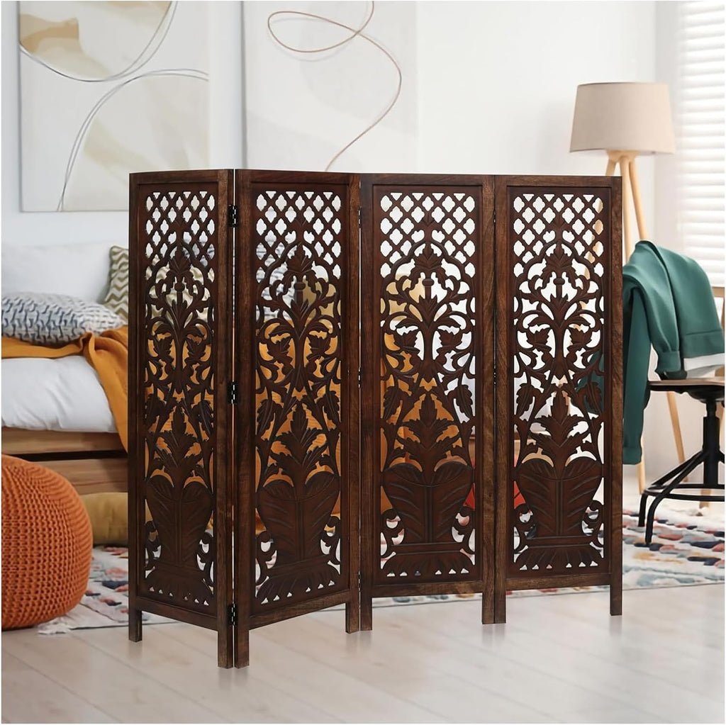 Hand-Carved Wooden Room Divider – 4-Panel Folding Screen (64”×54”)
