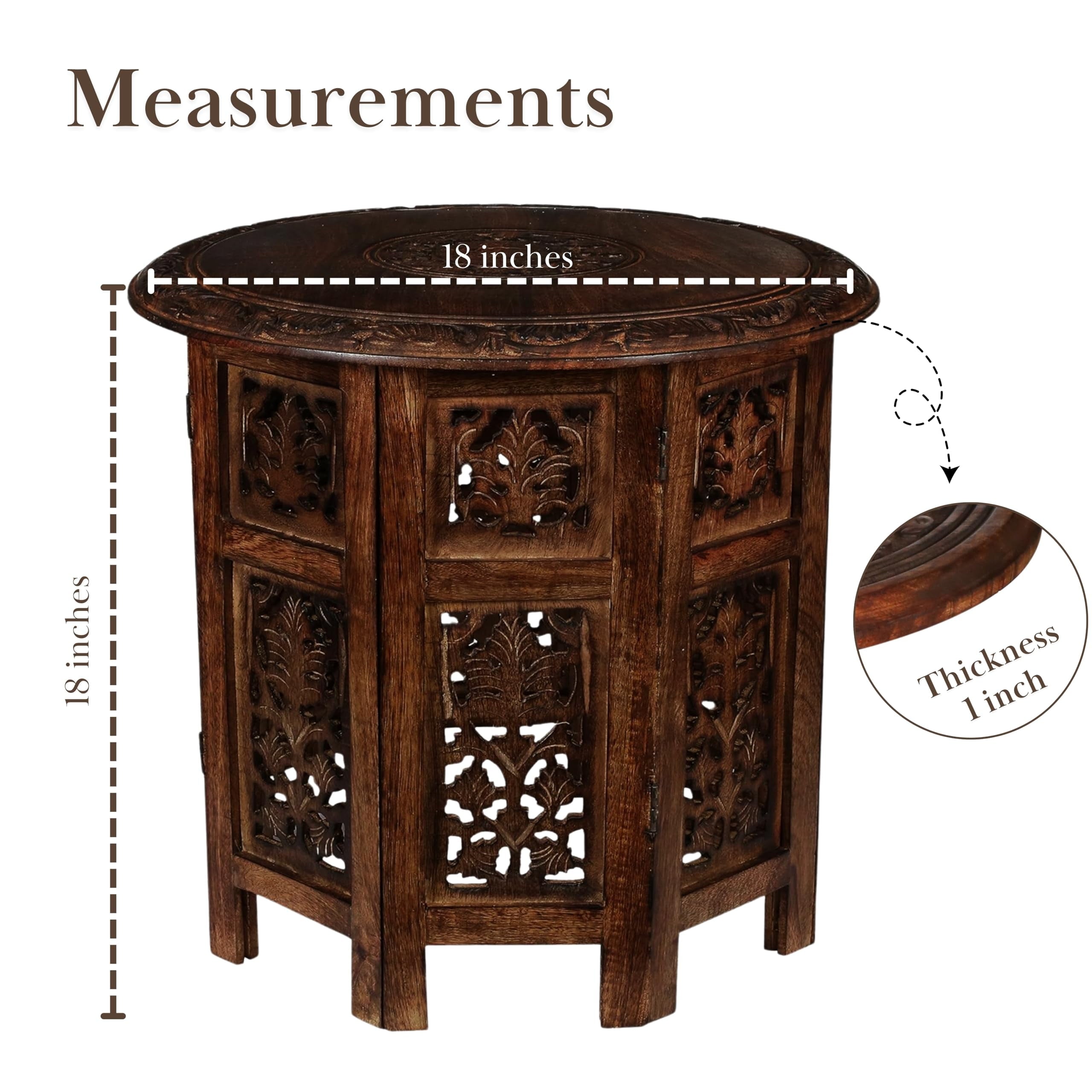 The Wooden Town Round Wood Coffee Table, Hand-Carved Accent Side Table with Burnt Finish, Solid Wood Altar & End Table for Living Room, 18 x 18 Inch