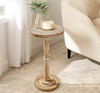 The Wooden Town Round Side Table, Hand-Carved Drink Table, White Wash Finish, 12 x 22 Inch