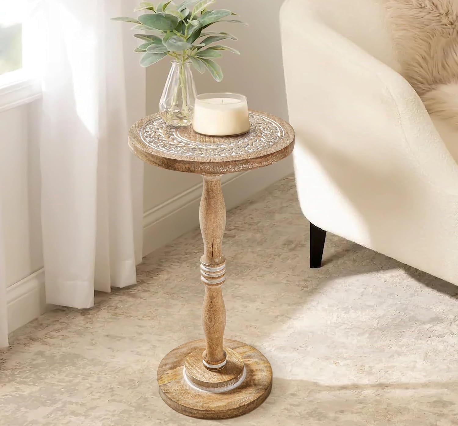 The Wooden Town Round Side Table, Hand-Carved Drink Table, White Wash Finish, 12 x 22 Inch