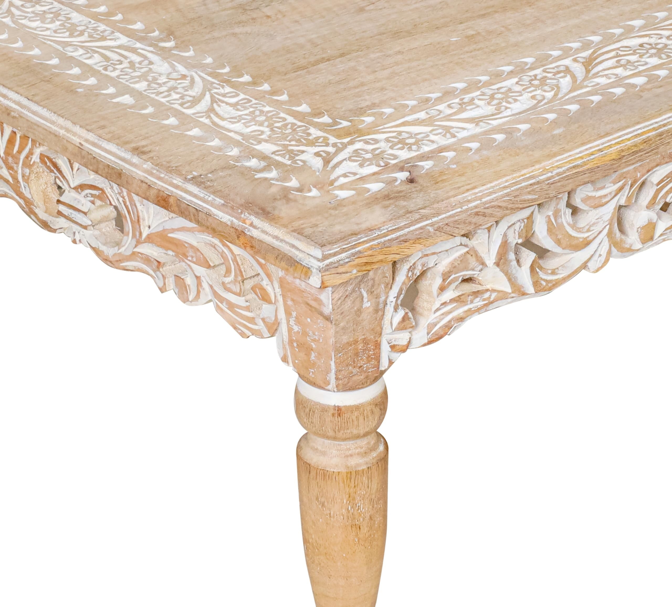 Rectangular Wooden Coffee Table, Beige Finish with Cutwork Jali Carving, 36 x 24 x 18 Inch