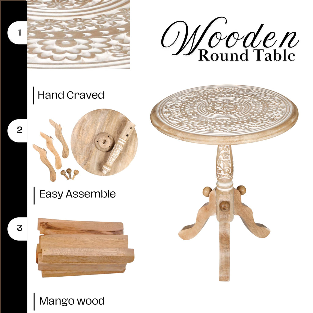 The Wooden Town Round End Table, Handcrafted Carved Side Table with Pedestal Base, Solid Mango Wood Accent Table, White Wash, 18 x 21 Inch