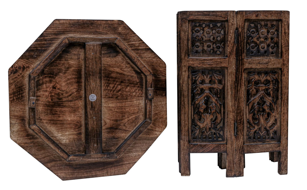 The Wooden Town Hand-Carved Folding Side Table, Vintage Boho End Table for Small Spaces, Living Room & Bedroom Accent Table, Scorch Burnt Finish, 18 x 18 Inch