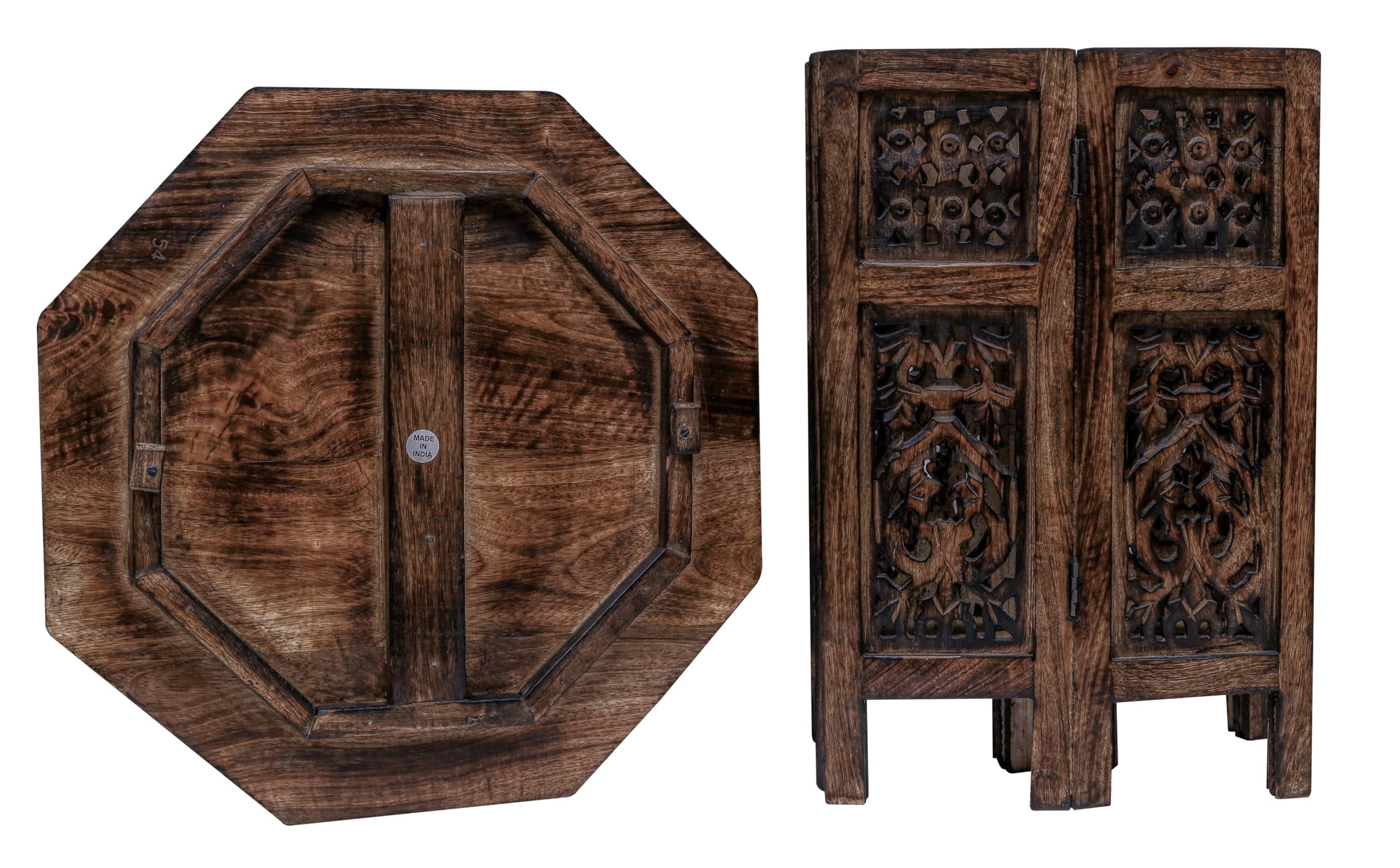The Wooden Town Hand-Carved Folding Side Table, Vintage Boho End Table for Small Spaces, Living Room & Bedroom Accent Table, Scorch Burnt Finish, 18 x 18 Inch