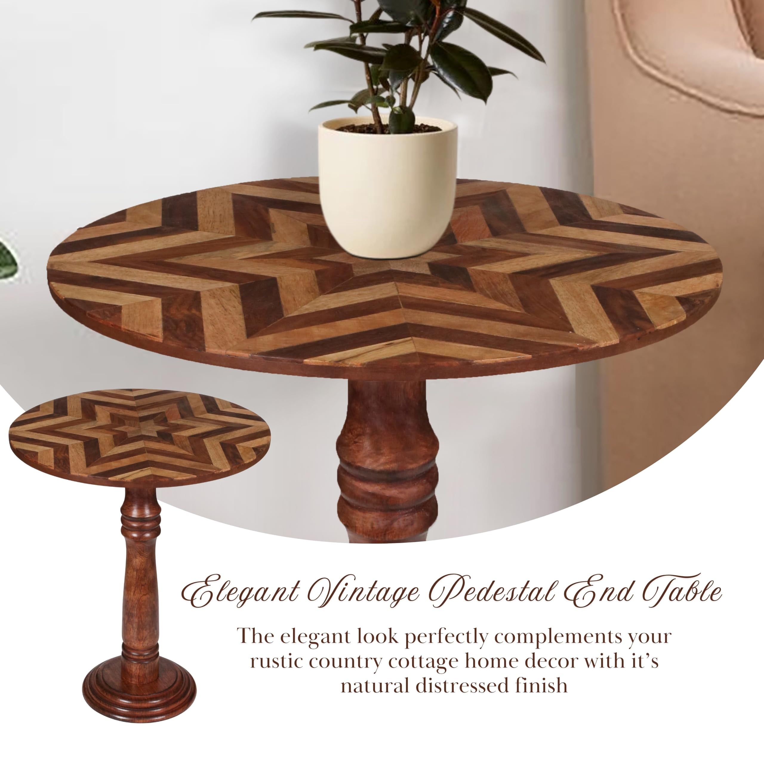 The Wooden Town Handcrafted Round Coffee Table, Solid Wood End Table for Living Room, Small Accent Side Table with Pillar Joint Design, Natural Finish, 18 x 21.5 Inch