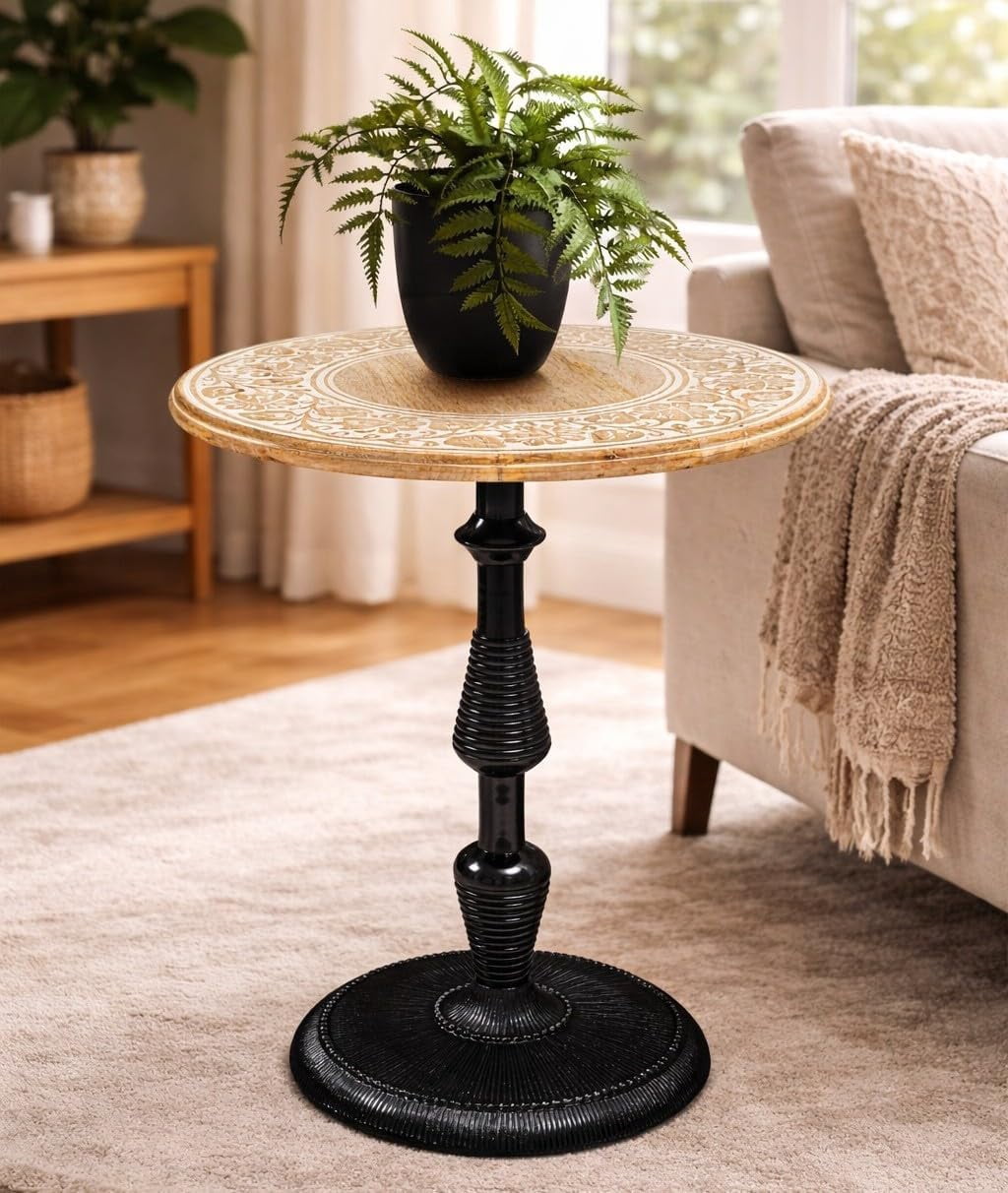 The Wooden Town Hand-Carved Boho Folding Side Table, White Wash Top with Black Aluminum Spiral Base, 18 x 22 Inch