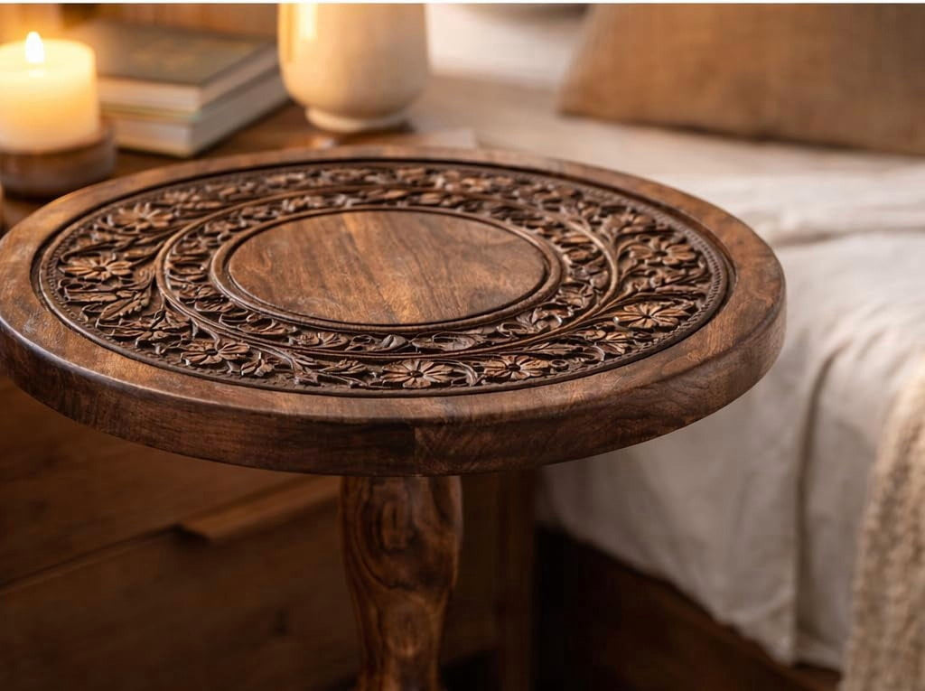 The Wooden Town Round Side Table, Hand-Carved Drink Table, Scorch Burnt Finish, 12 x 22 Inch