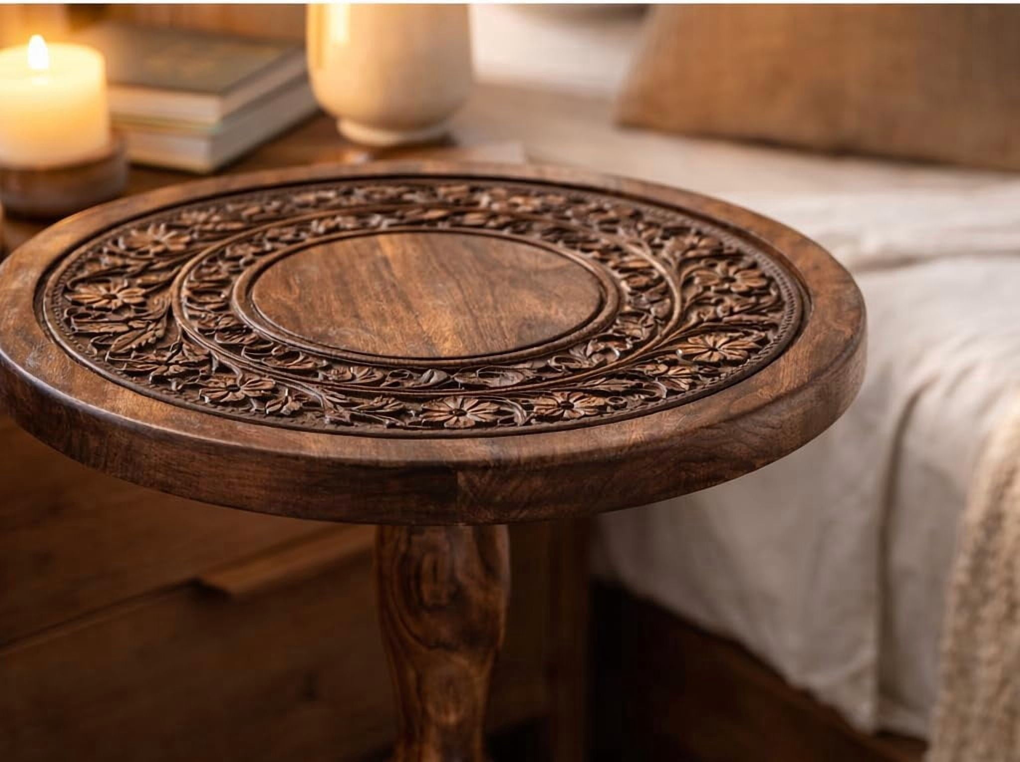 The Wooden Town Round Side Table, Hand-Carved Drink Table, Scorch Burnt Finish, 12 x 22 Inch