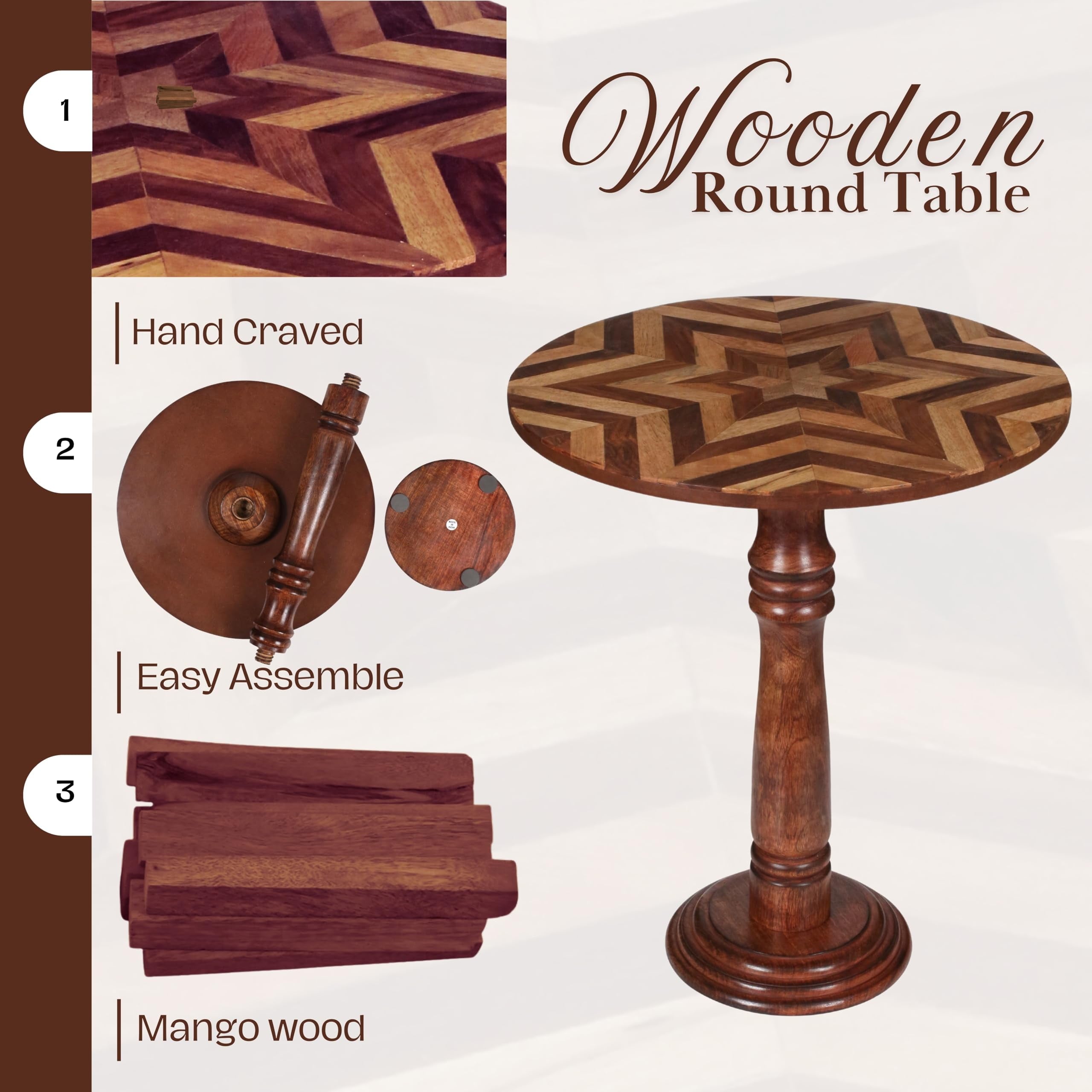The Wooden Town Handcrafted Round Coffee Table, Solid Wood End Table for Living Room, Small Accent Side Table with Pillar Joint Design, Natural Finish, 18 x 21.5 Inch