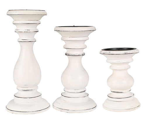 Antique White Wooden Pillar Candle Holder Set of 3