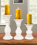 Antique White Wooden Pillar Candle Holder Set of 3