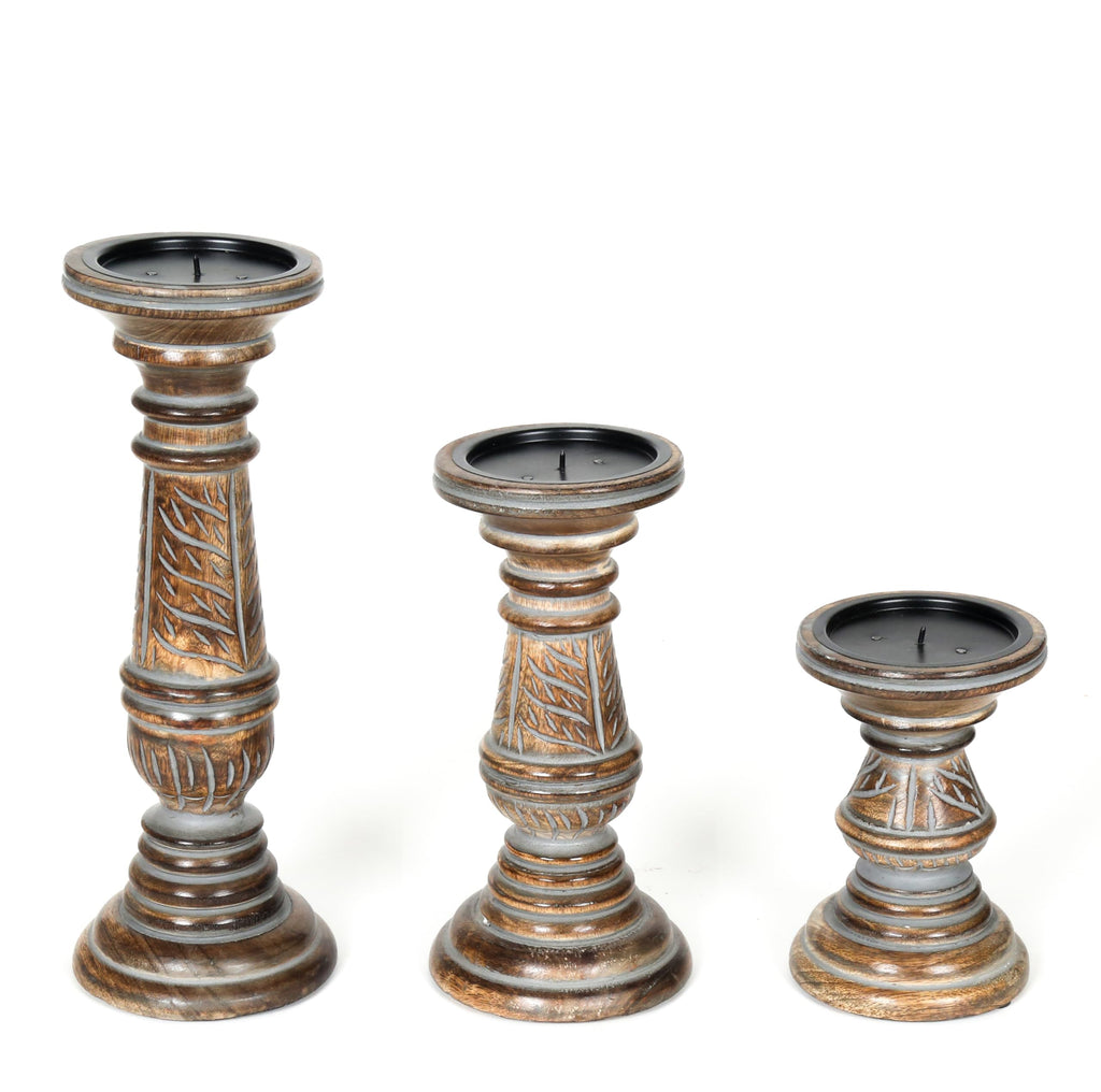 Wooden Town Leaf Design Pillar Candle Holders – Set of 3 (Grey Wash)