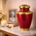 Trinity Crimson Red Gold Metal Cremation Urn for Adult Ashes – 10” x 6.5”