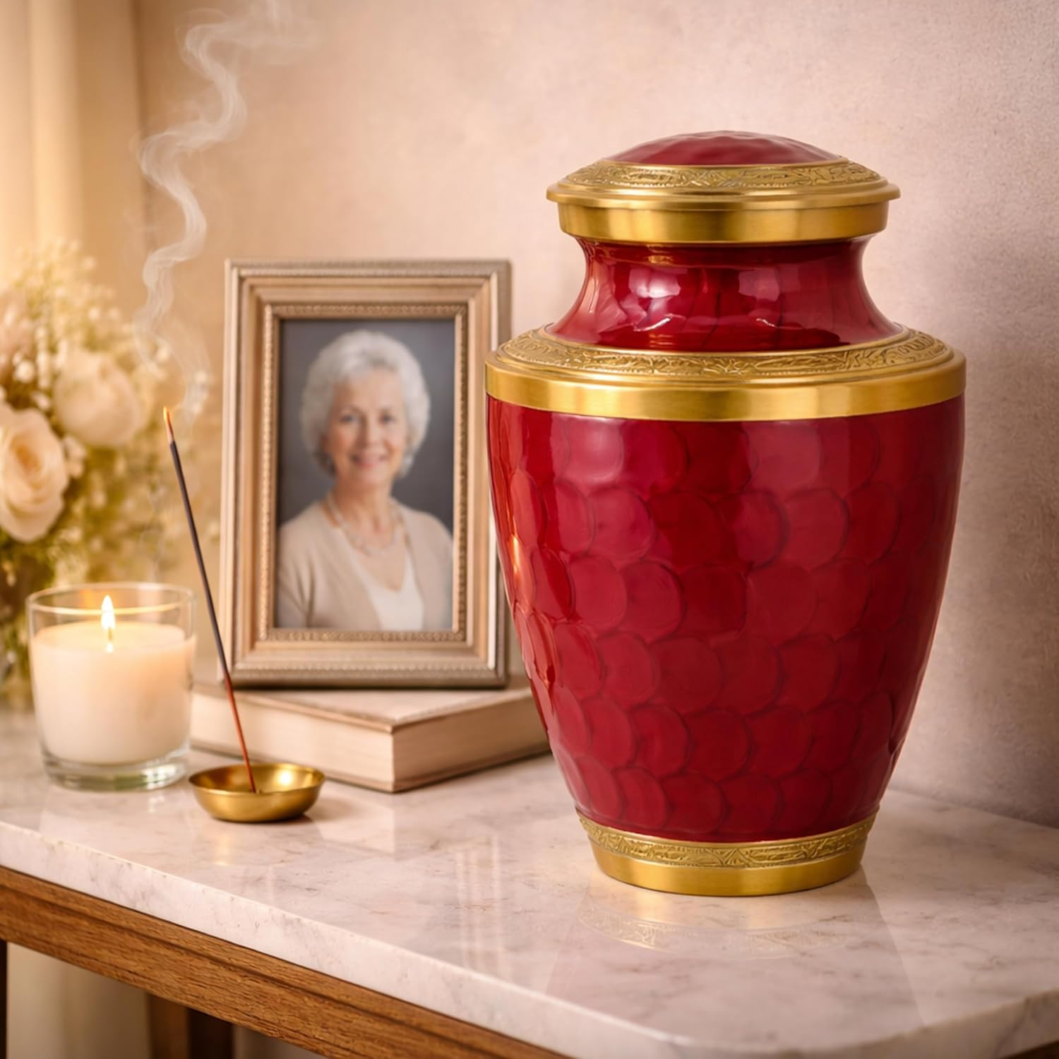 Trinity Crimson Red Gold Metal Cremation Urn for Adult Ashes – 10” x 6.5”