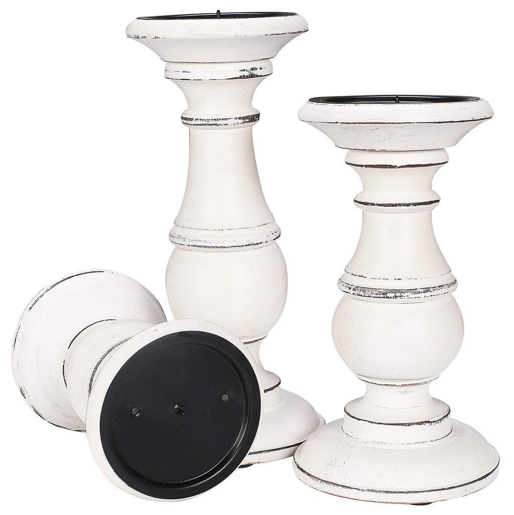 Wooden Town Pillar Candle Holders – Set of 3 (Antique White)