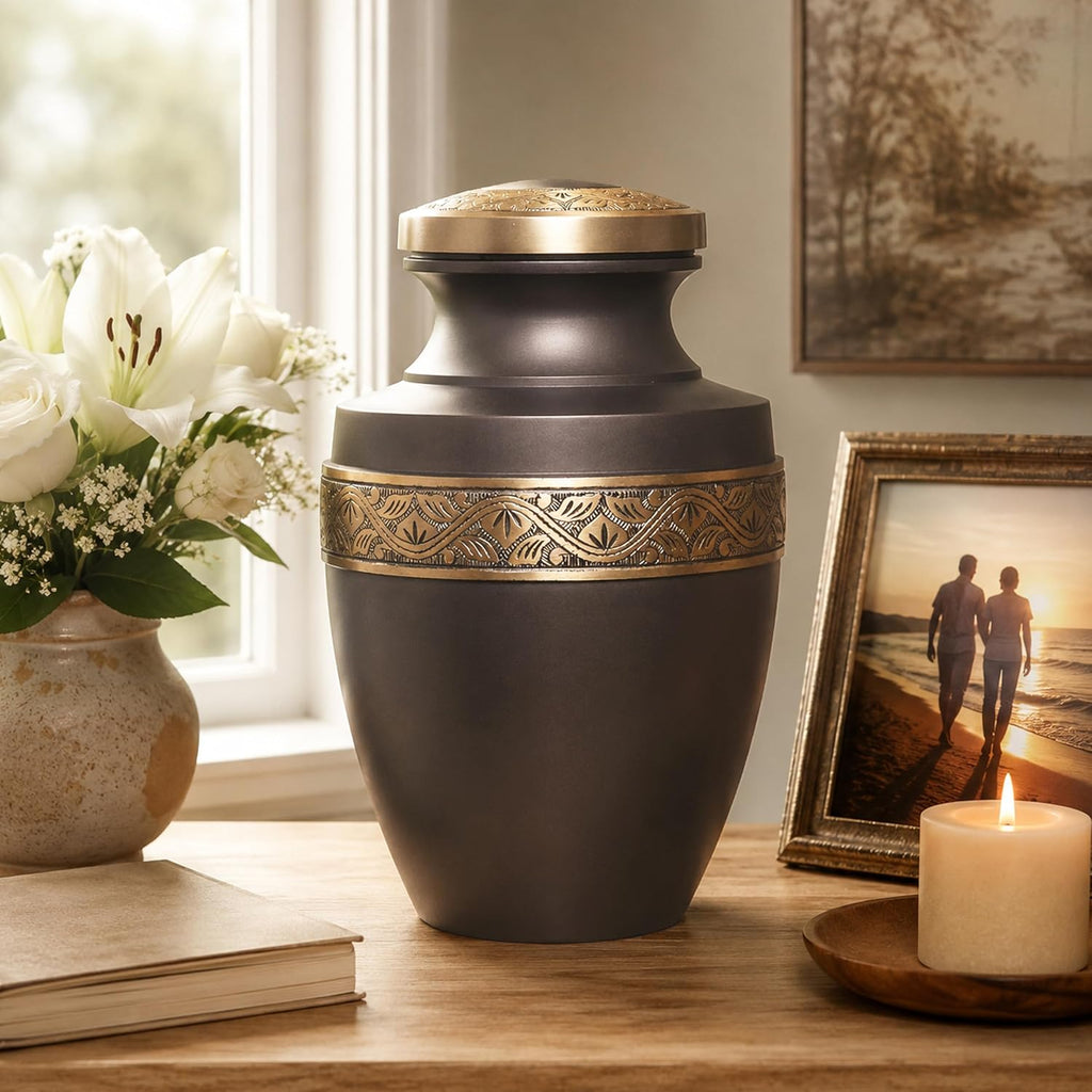 Grecian Coffee Gold Metal Cremation Urn for Adult Ashes – 9” x 7”